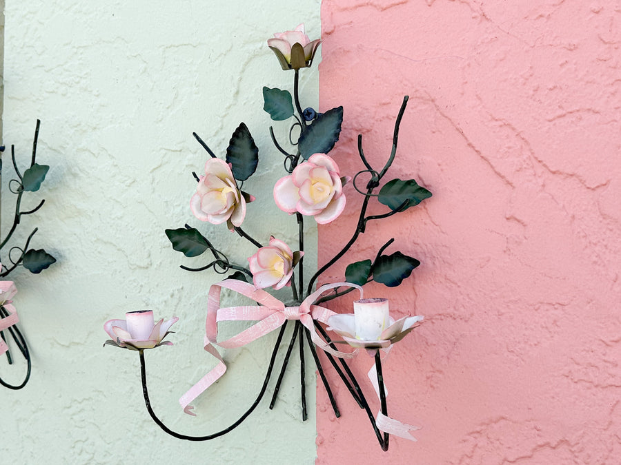 Pair of Tole Bow and Rose Wall Sconces