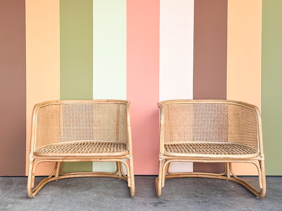 Pair of Rattan and Cane Barrel Chairs