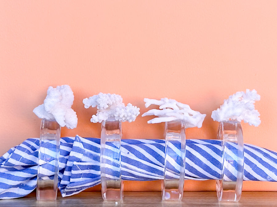 Set of Four Coral Lucite Napkin Rings