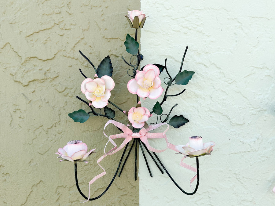 Pair of Tole Bow and Rose Wall Sconces
