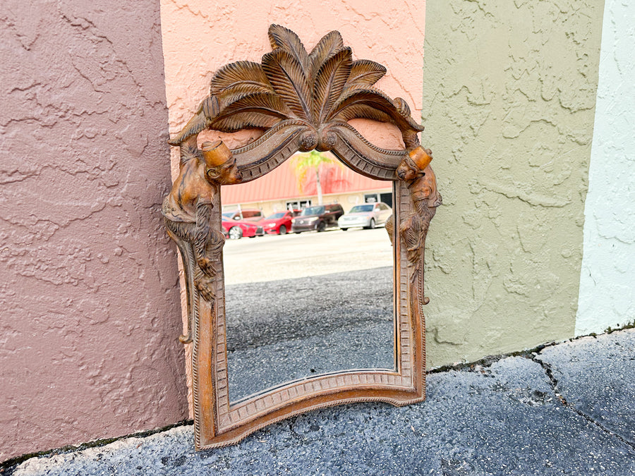 Wood Carved Palm and Monkey Mirror