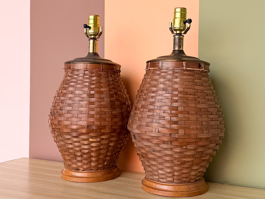 Pair of Cute Rattan Basket Lamps