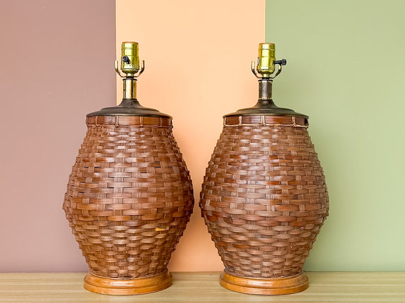 Pair of Cute Rattan Basket Lamps