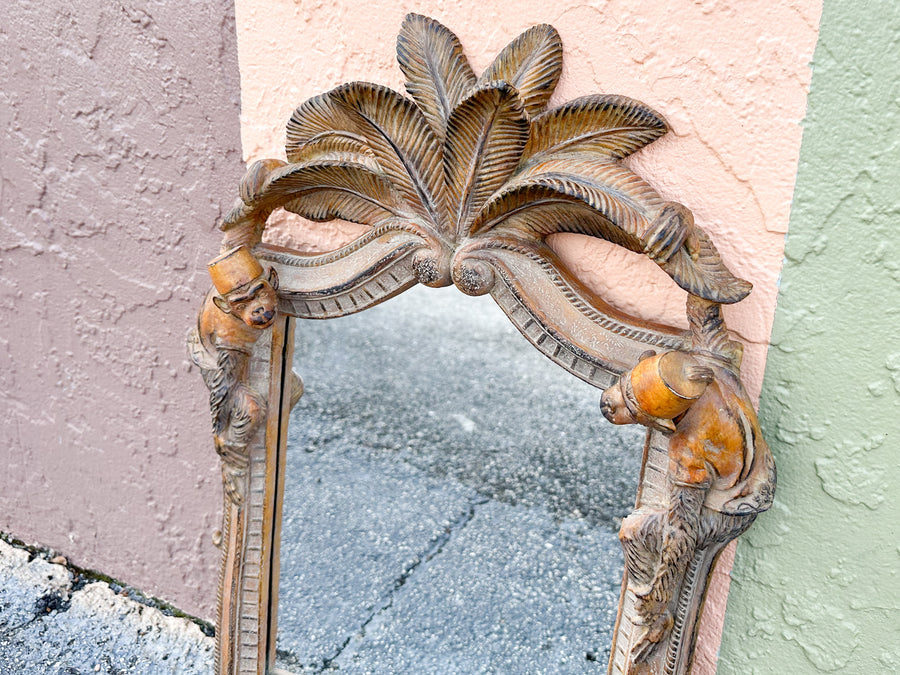 Wood Carved Palm and Monkey Mirror