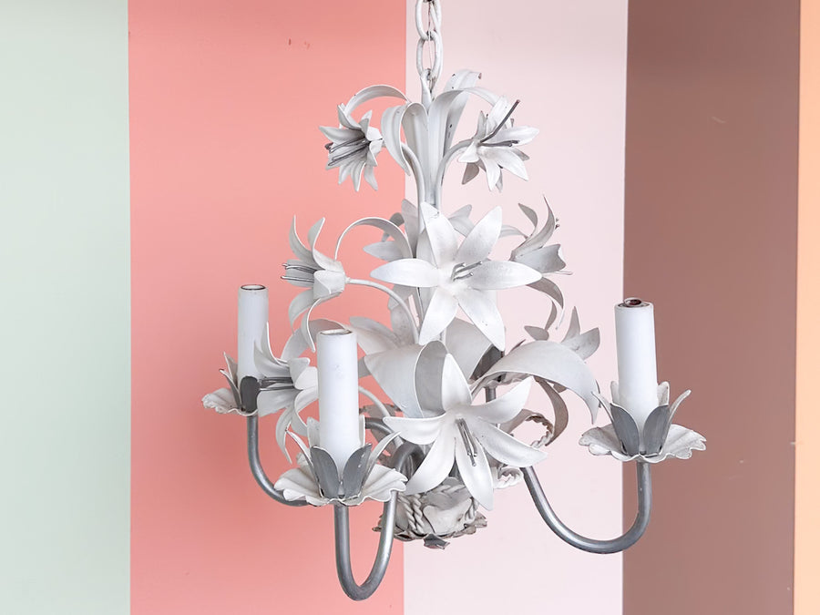 Kips Bay Show House White Floral Tole Chandelier