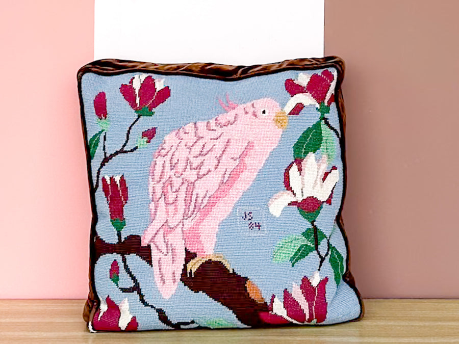 Pink Parrot Needlepoint Pillow