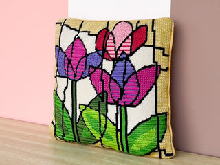 Pink and Purple Flower Needlepoint Pillow
