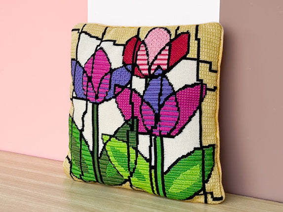 Pink and Purple Flower Needlepoint Pillow