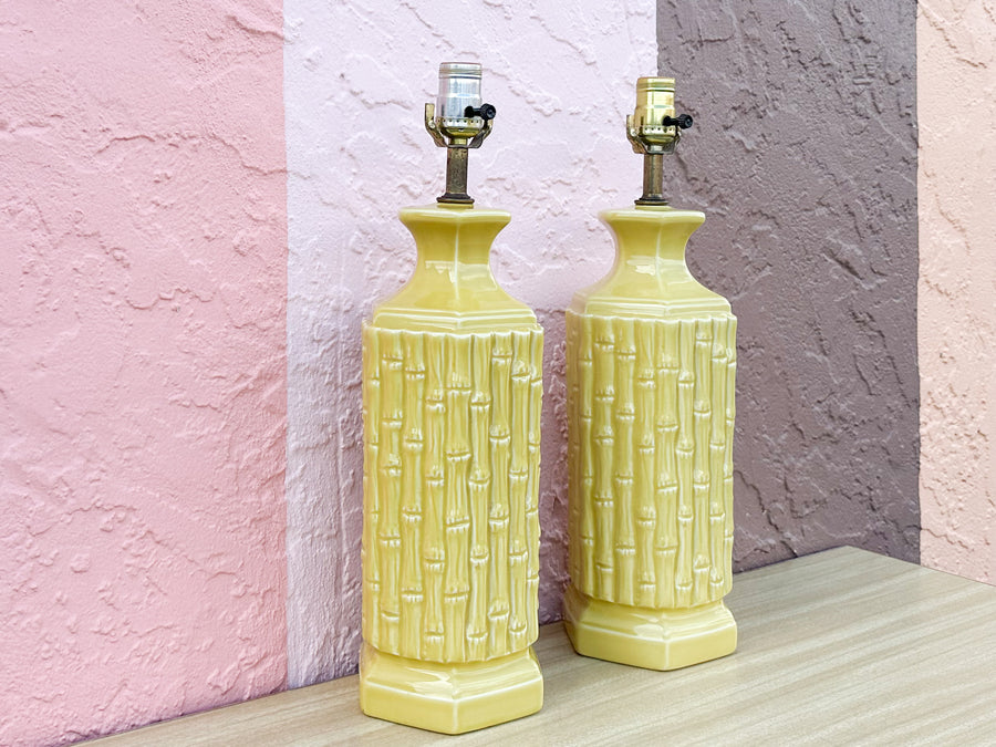 Pair of Sunshine Yellow Faux Bamboo Lamps