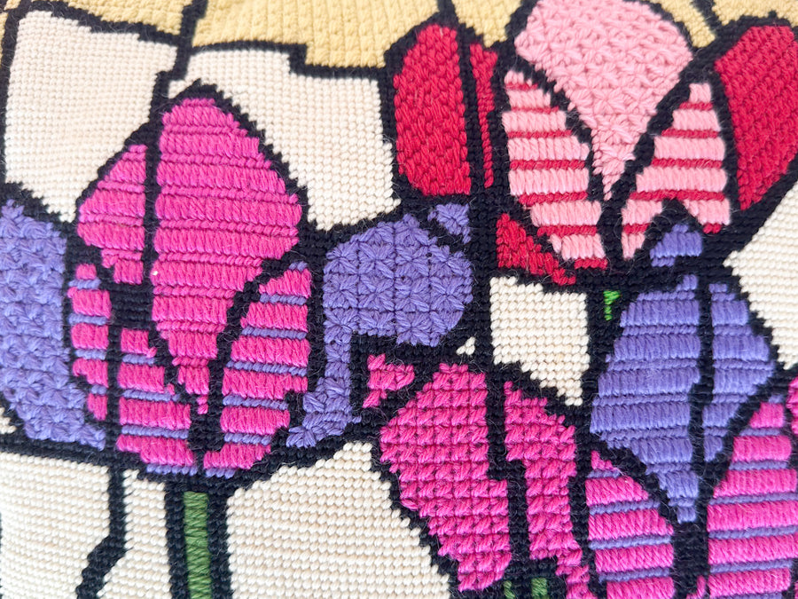 Pink and Purple Flower Needlepoint Pillow