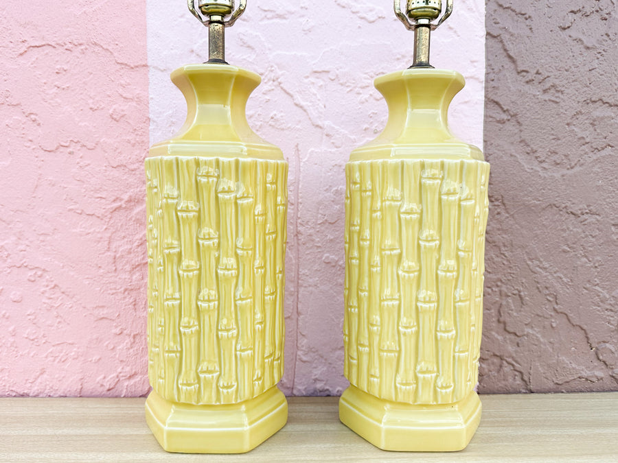 Pair of Sunshine Yellow Faux Bamboo Lamps