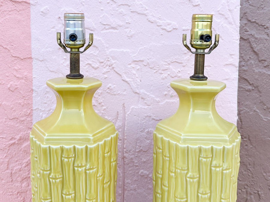 Pair of Sunshine Yellow Faux Bamboo Lamps