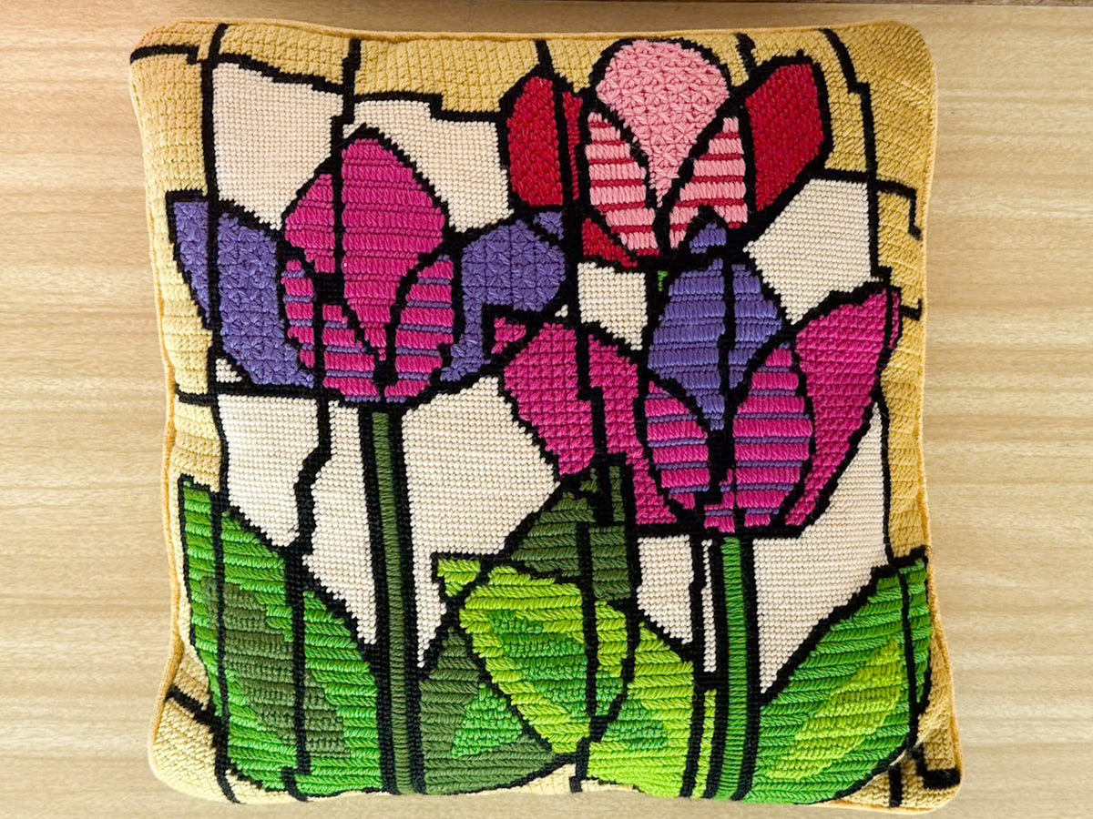 Pink and Purple Flower Needlepoint Pillow
