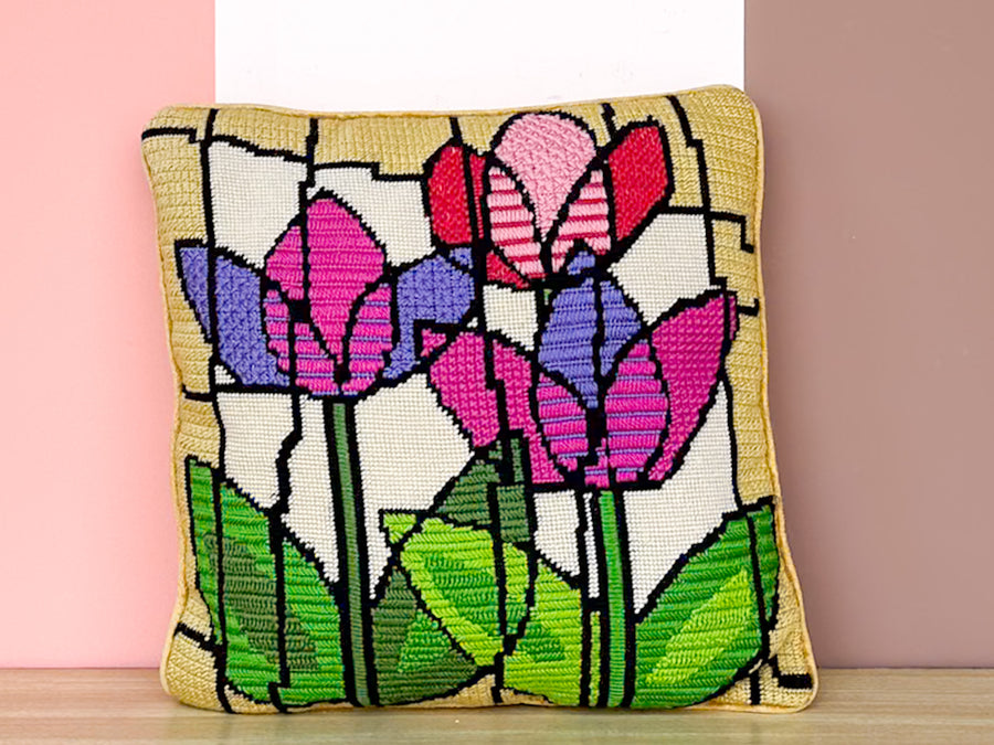 Pink and Purple Flower Needlepoint Pillow