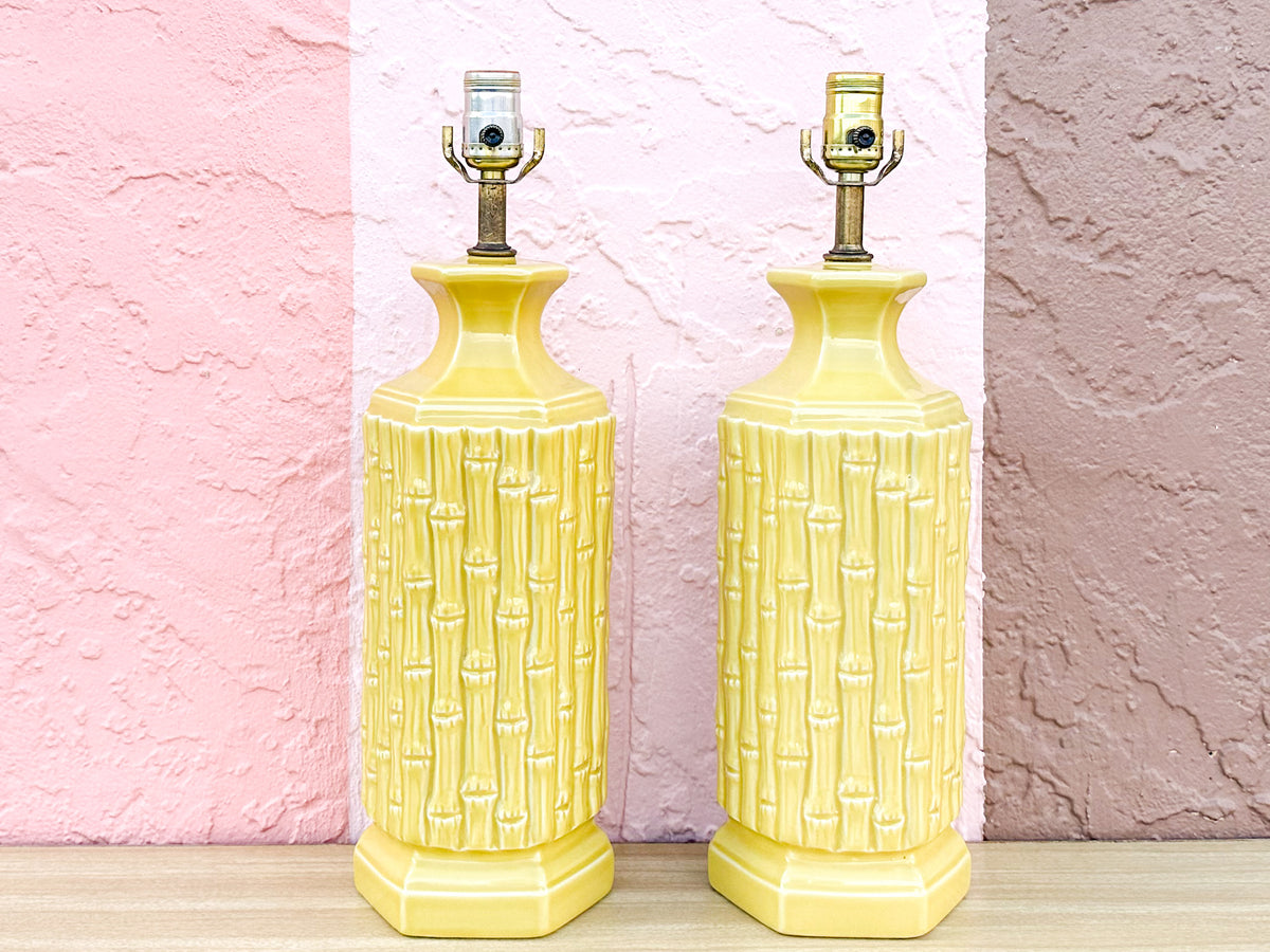Pair of Sunshine Yellow Faux Bamboo Lamps