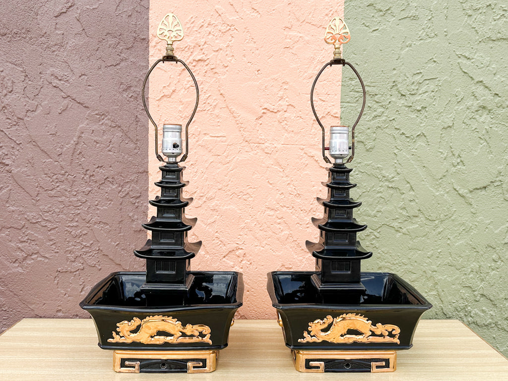 Pair of 1950s Dragon and Pagoda Lamps