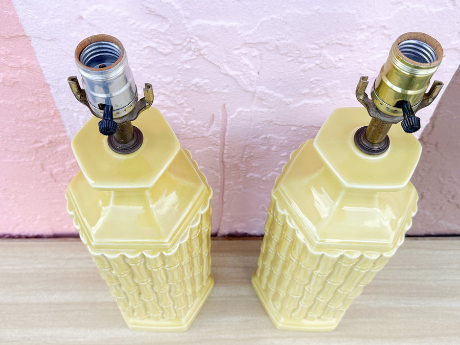 Pair of Sunshine Yellow Faux Bamboo Lamps