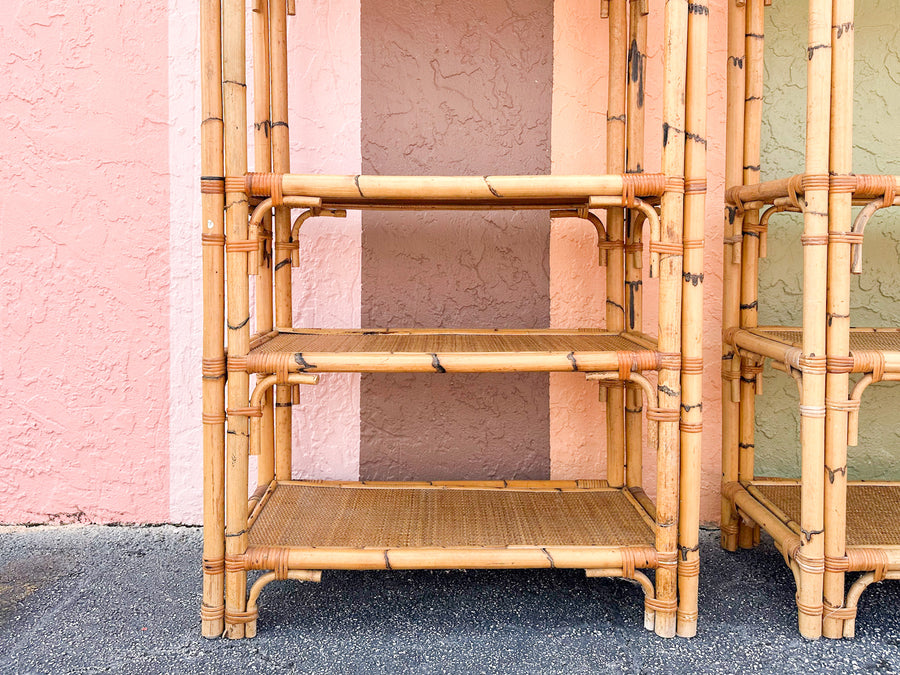 Pair of Old Florida Rattan Etageres