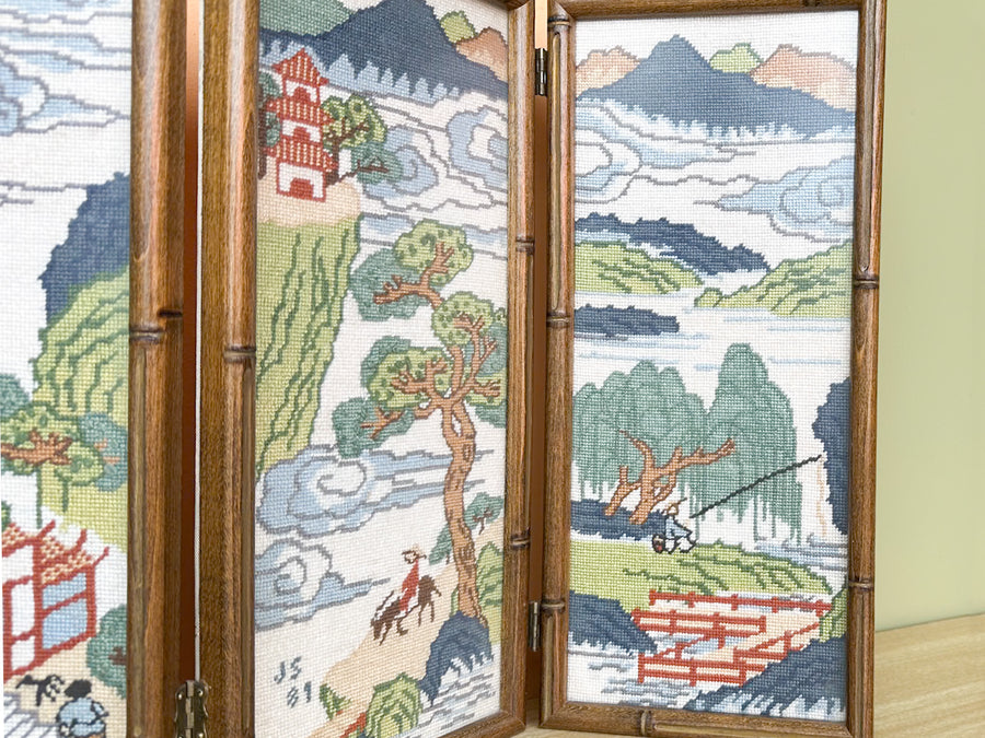 Pagoda Scene Needlepoint Folding Art