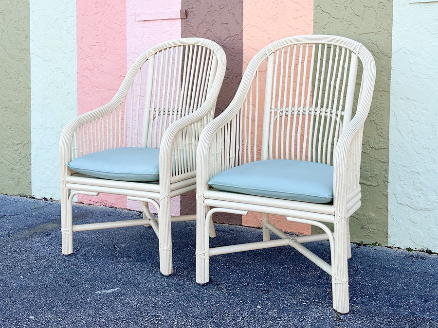 Pair of Coastal Rattan Arm Chairs