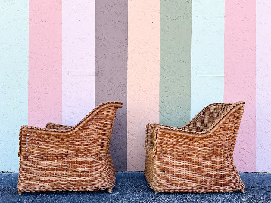 Pair of Newly Restored Oversized Braided Rattan Lounge Chairs