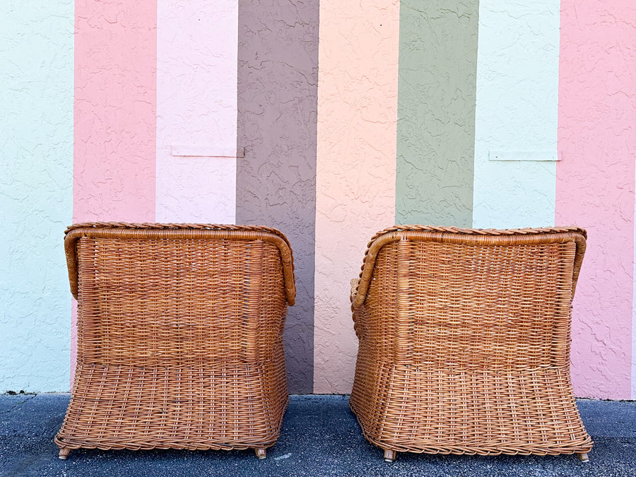 Pair of Newly Restored Oversized Braided Rattan Lounge Chairs