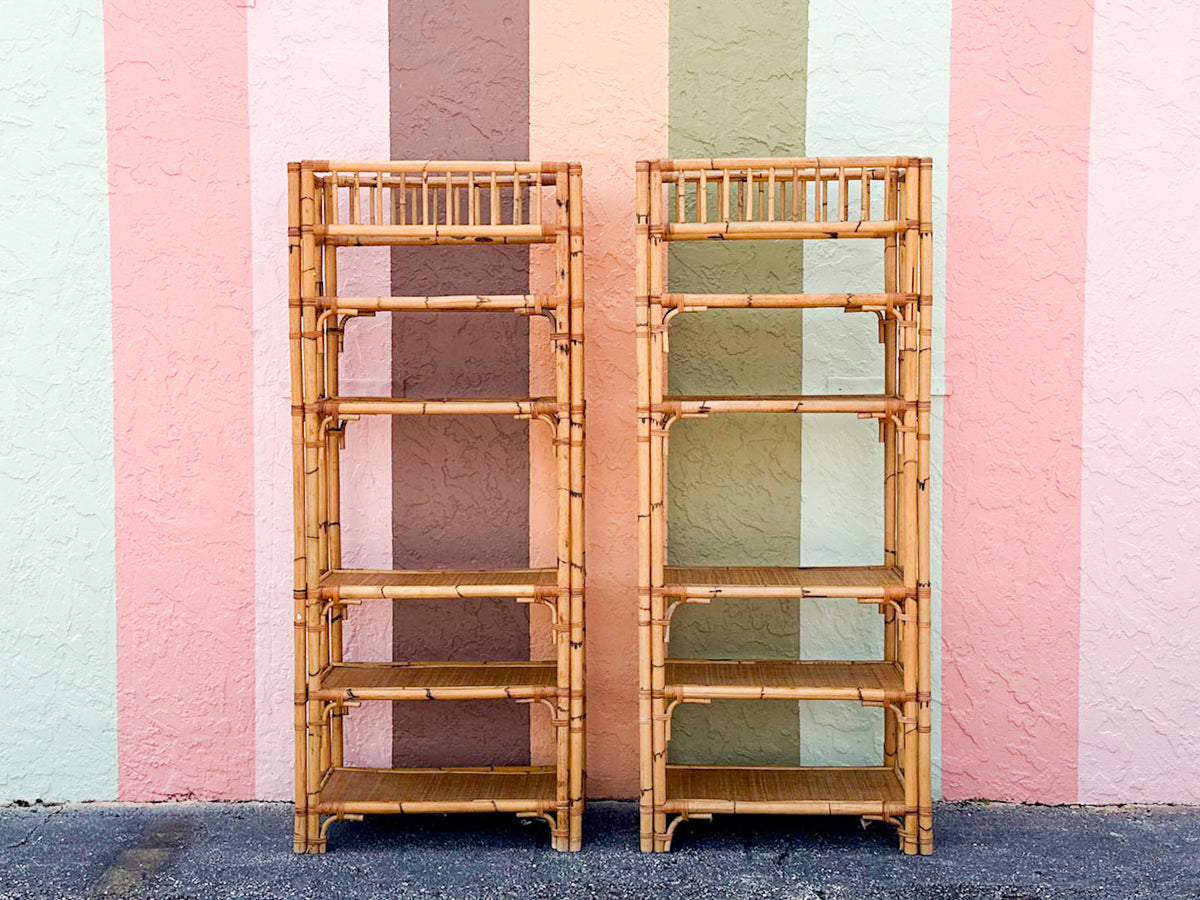 Pair of Old Florida Rattan Etageres