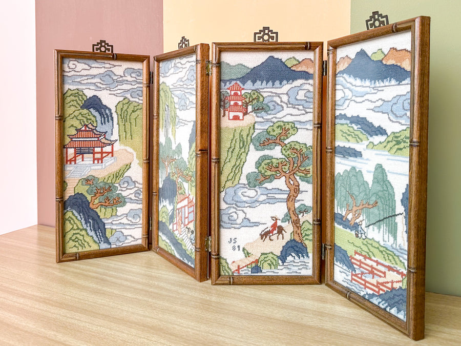 Pagoda Scene Needlepoint Folding Art