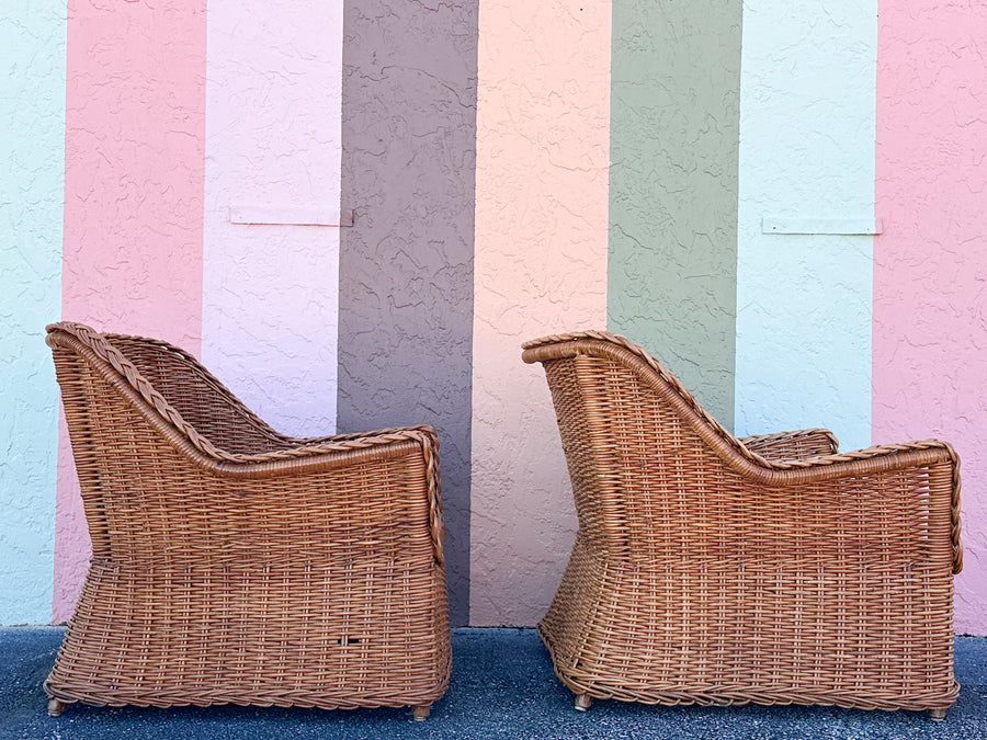 Pair of Newly Restored Oversized Braided Rattan Lounge Chairs