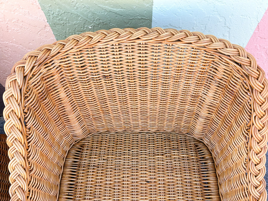 Pair of Newly Restored Oversized Braided Rattan Lounge Chairs