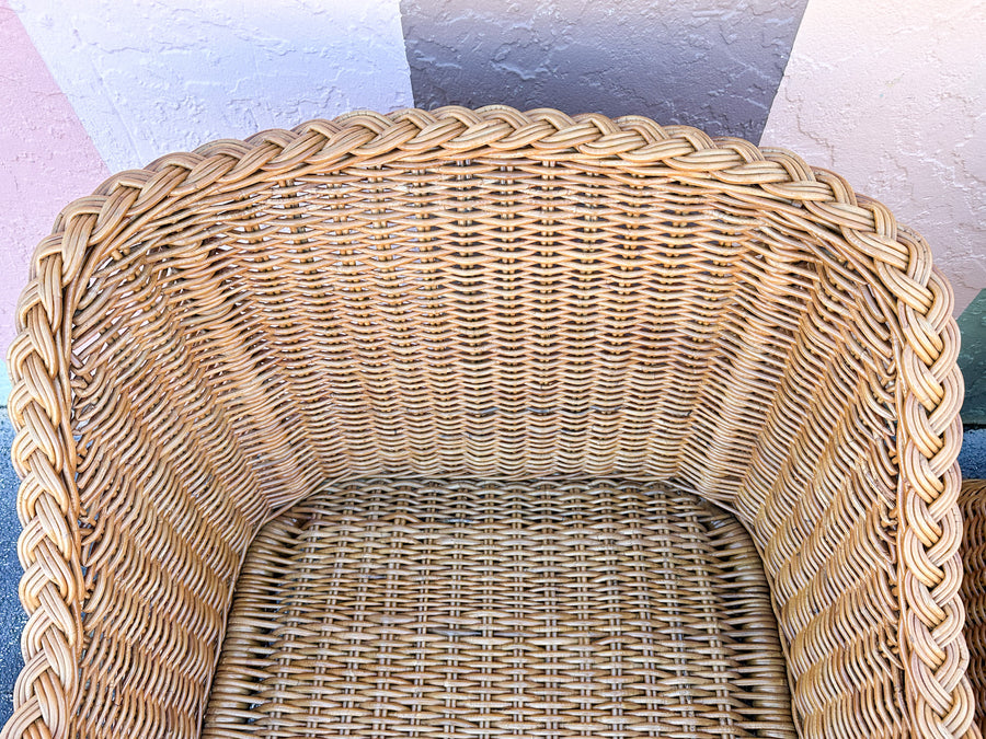 Pair of Newly Restored Oversized Braided Rattan Lounge Chairs