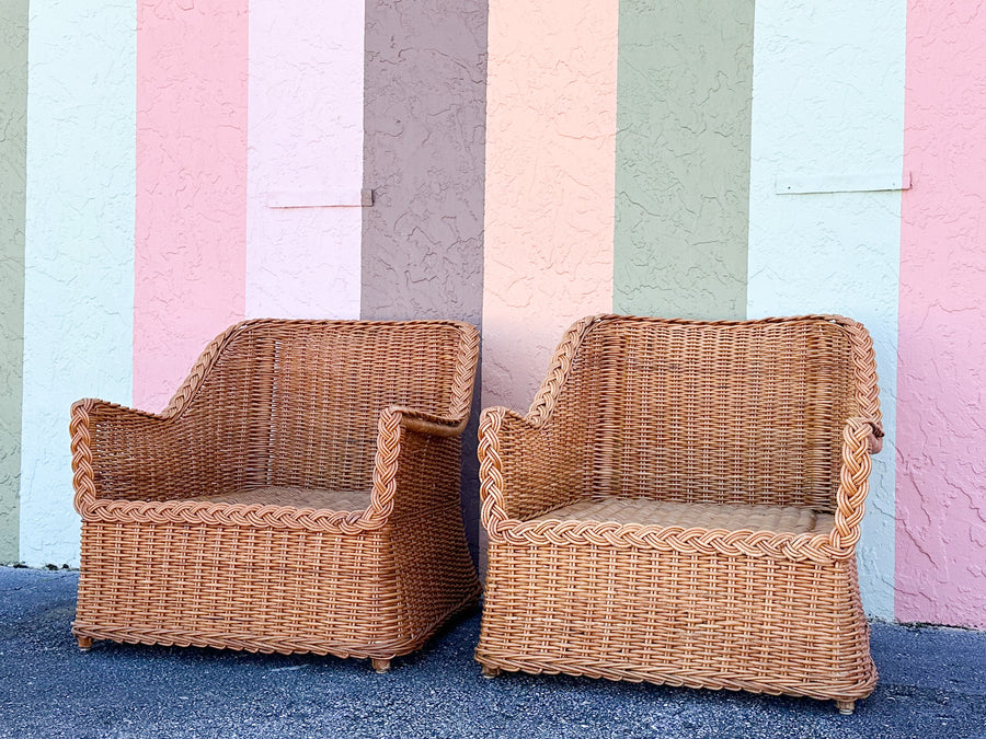 Pair of Newly Restored Oversized Braided Rattan Lounge Chairs