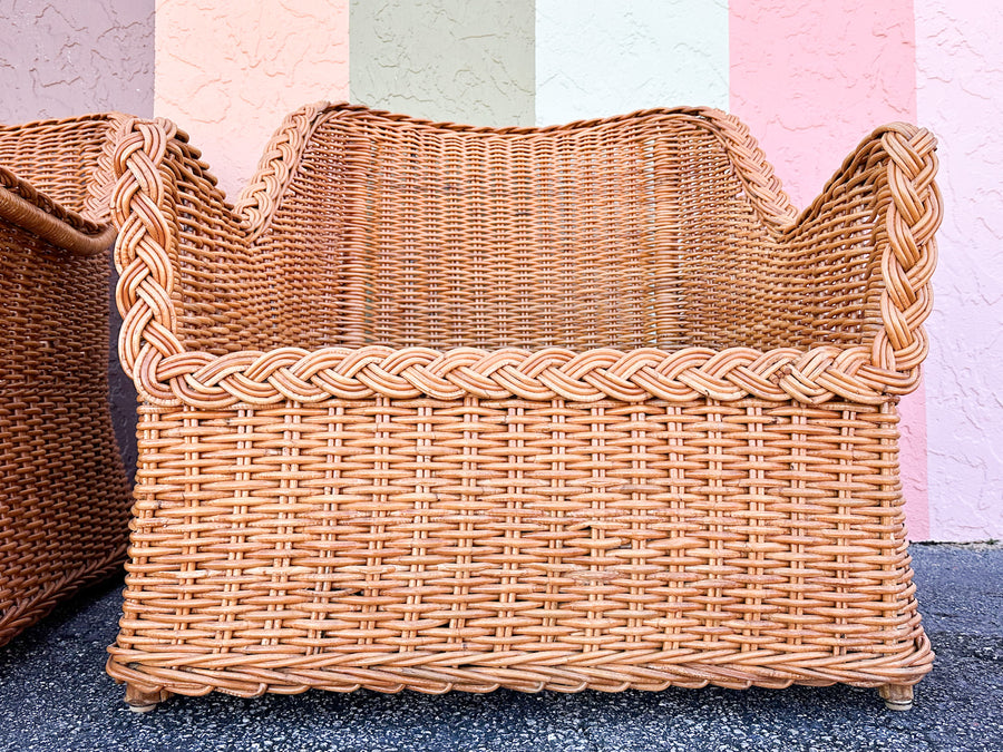 Pair of Newly Restored Oversized Braided Rattan Lounge Chairs