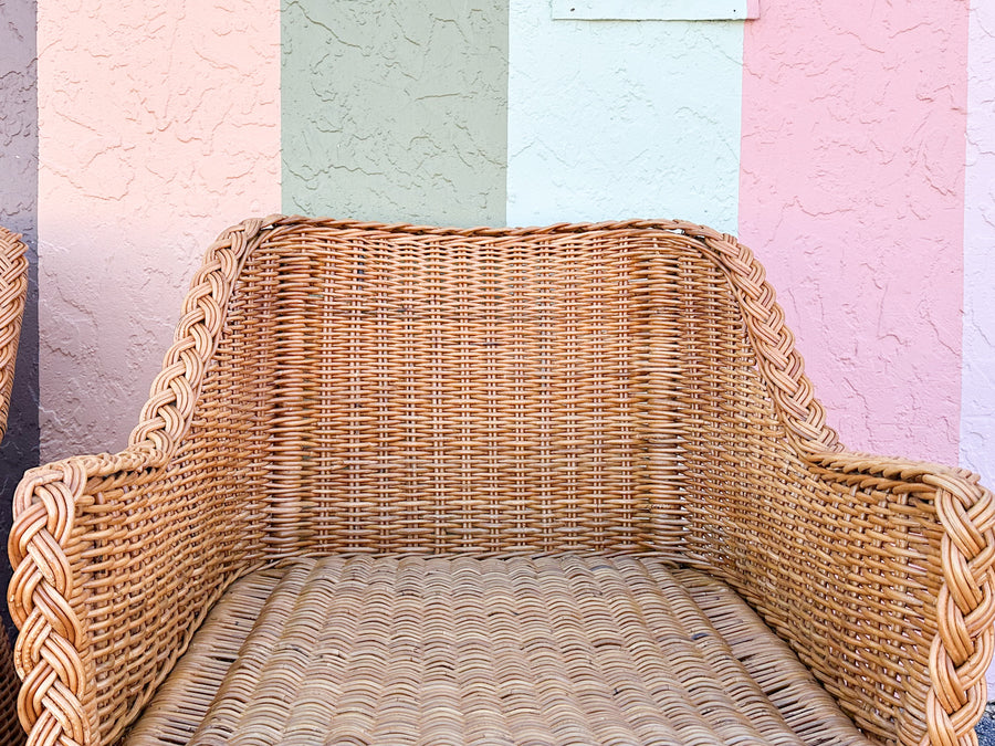 Pair of Newly Restored Oversized Braided Rattan Lounge Chairs