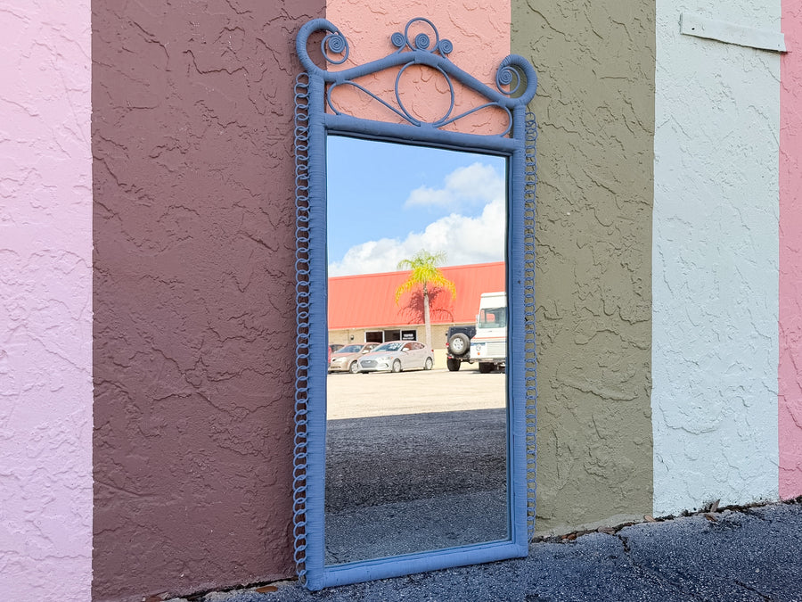 Painted Cornflower Blue Fiddlehead Rattan Mirror