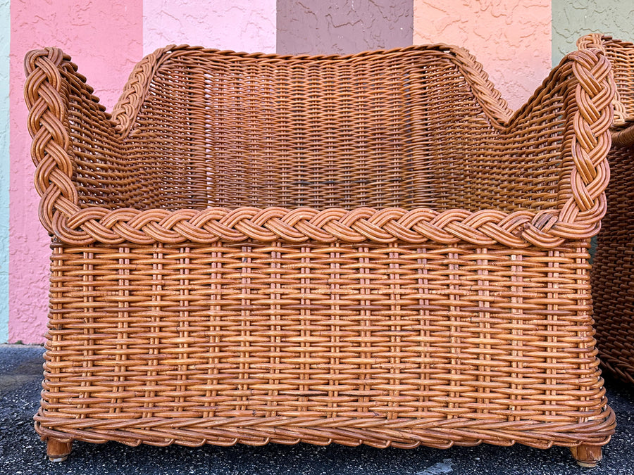 Pair of Newly Restored Oversized Braided Rattan Lounge Chairs