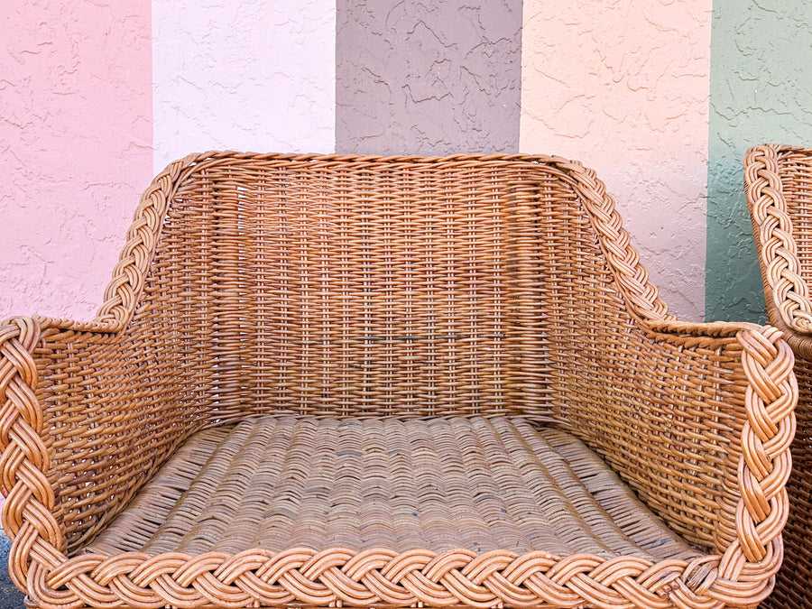 Pair of Newly Restored Oversized Braided Rattan Lounge Chairs