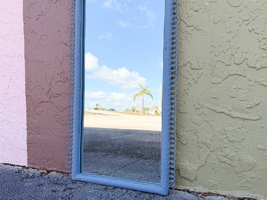 Painted Cornflower Blue Fiddlehead Rattan Mirror