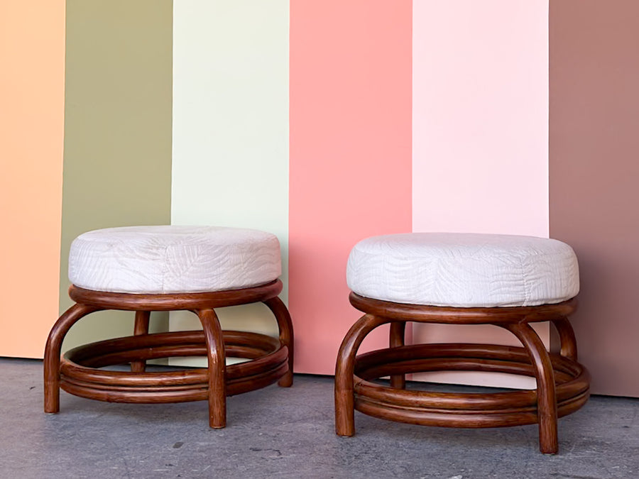 Pair of Cute Upholstered Rattan Ottomans
