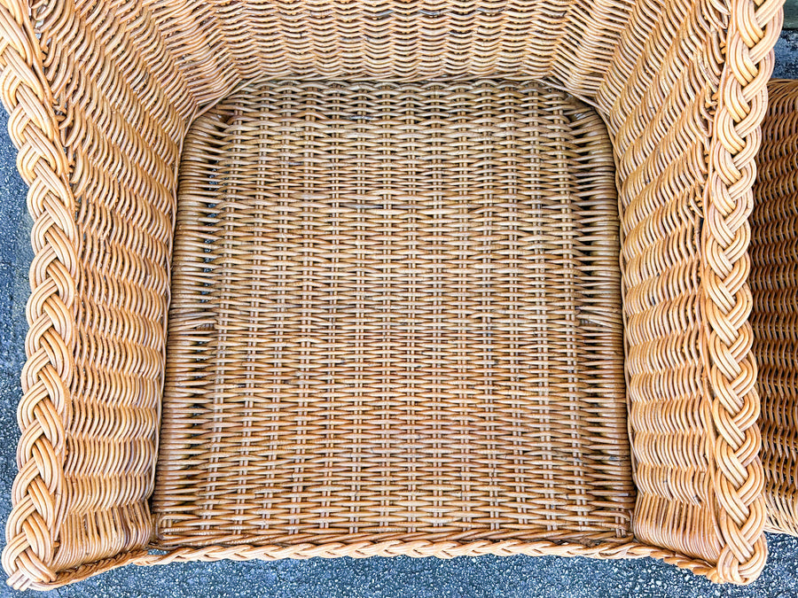 Pair of Newly Restored Oversized Braided Rattan Lounge Chairs