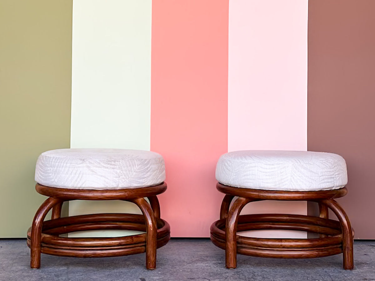 Pair of Cute Upholstered Rattan Ottomans