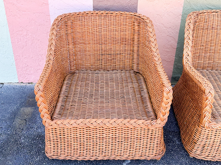 Pair of Newly Restored Oversized Braided Rattan Lounge Chairs
