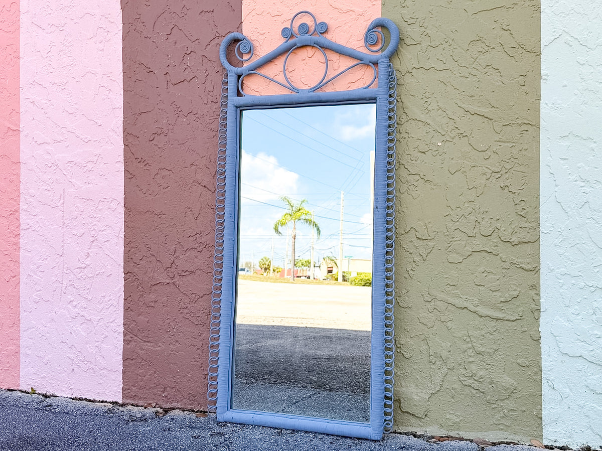 Painted Cornflower Blue Fiddlehead Rattan Mirror