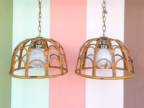 Pair of Rattan Pendants with Murano Glass