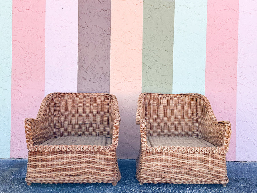 Pair of Newly Restored Oversized Braided Rattan Lounge Chairs