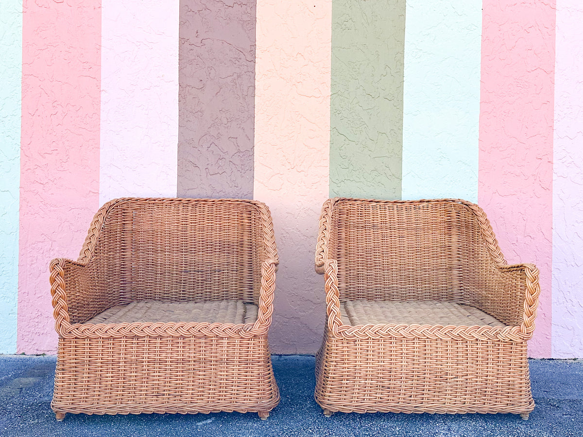 Pair of Newly Restored Oversized Braided Rattan Lounge Chairs