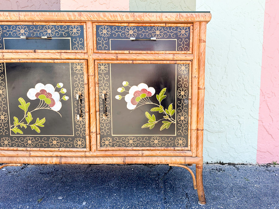 Hand Painted Tortoiseshell Rattan Credenza