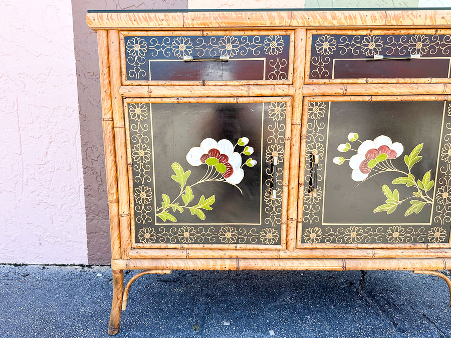 Hand Painted Tortoiseshell Rattan Credenza