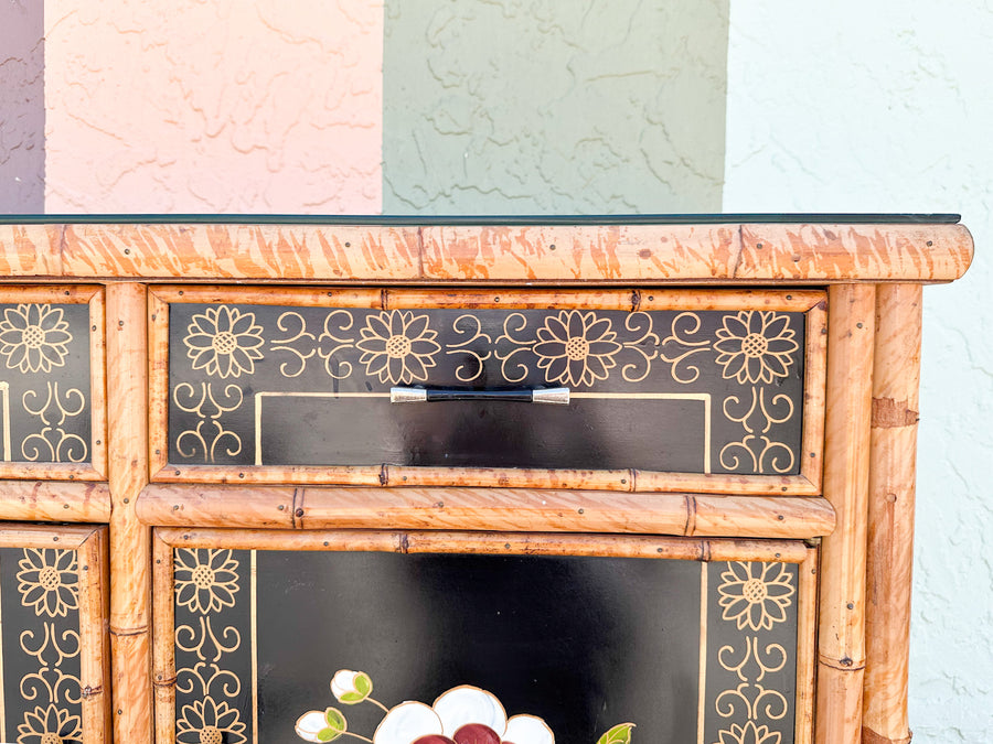 Hand Painted Tortoiseshell Rattan Credenza