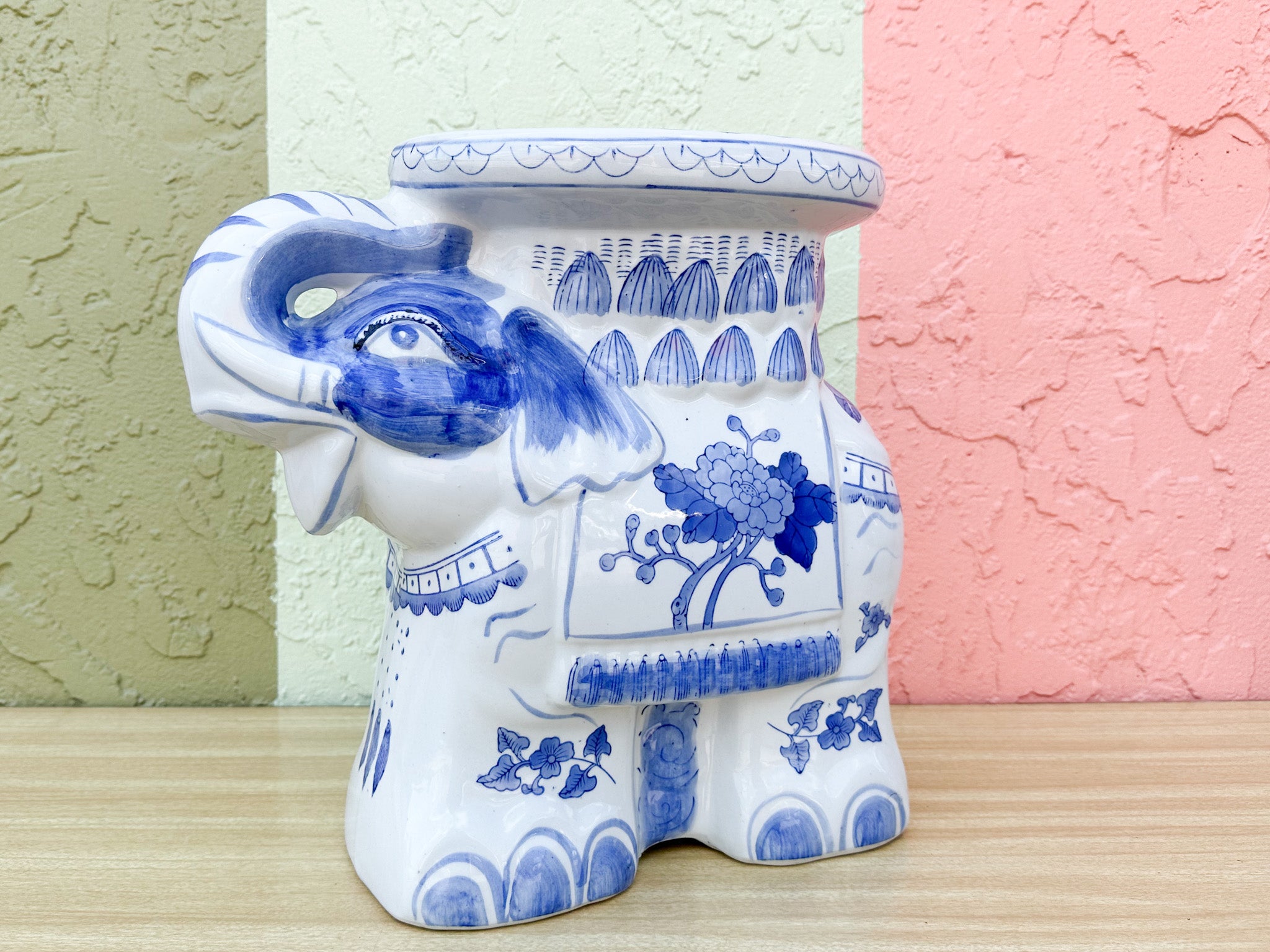 Blue and white elephant shop garden stool